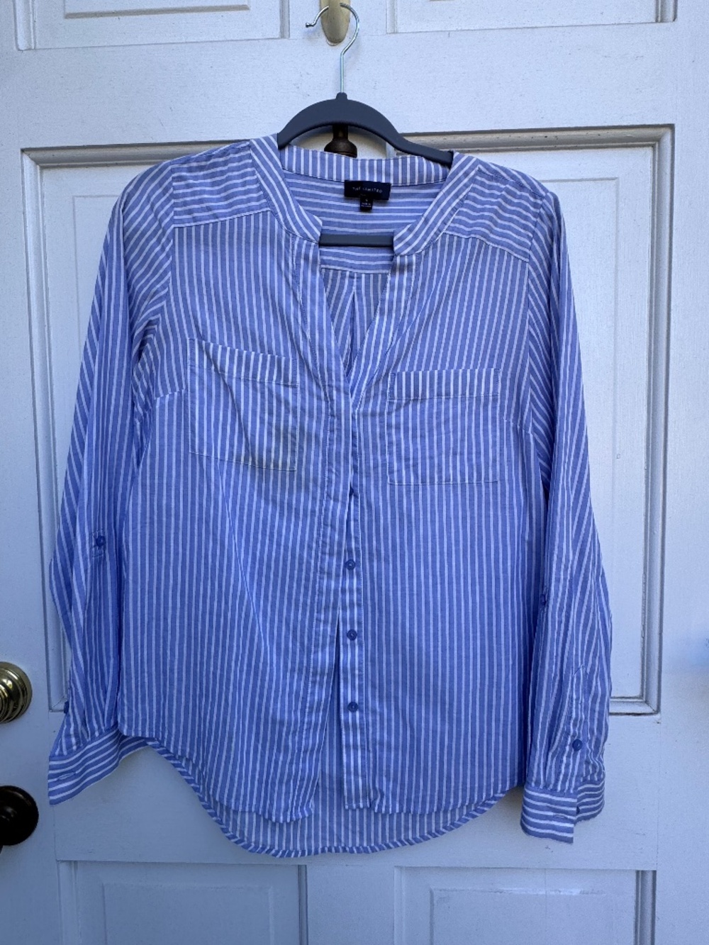 The Limited Blue White Striped Blouse Size S Roll Tab High Low Button Front
